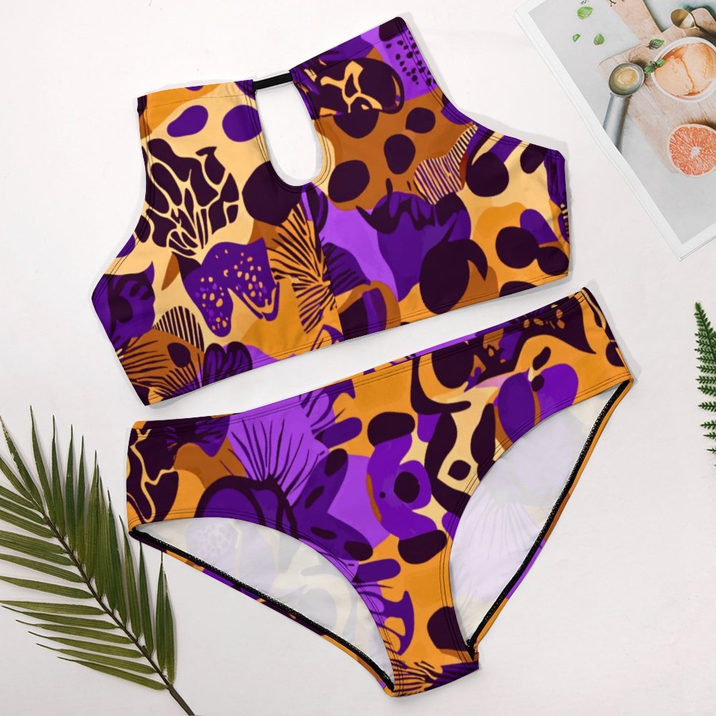 Plus Size Women's Two piece Swimsuit with High Neck Halter Top BK2040 (All-Over Printing)