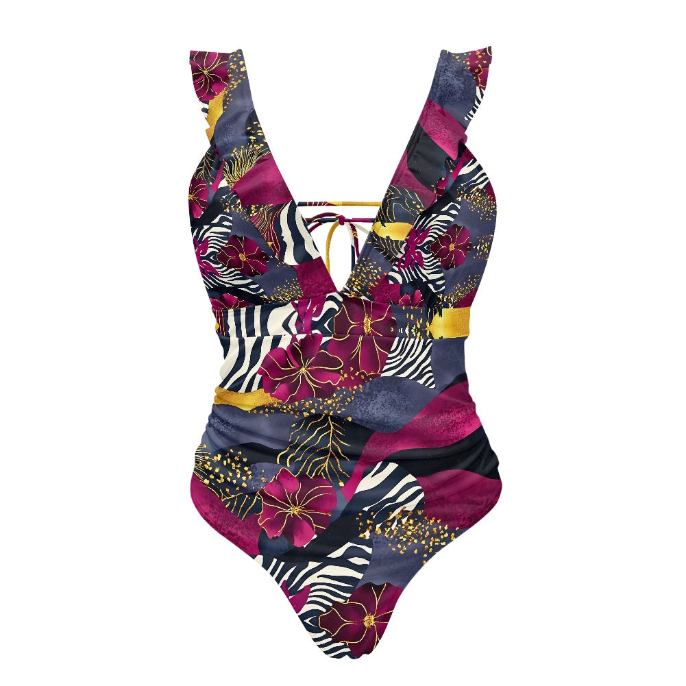 Women's Ruffled Lace Up One-Piece Swimsuit