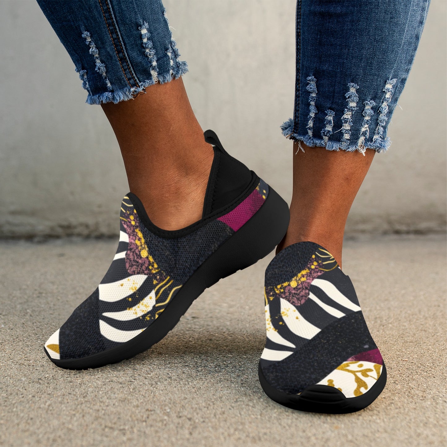 Golden Zebra Burgundy Camo Pattern Women's Fly Weave Drop-In Heel Sneakers Fly Weave Drop-in Heel Sneakers for Women (Model 02002)