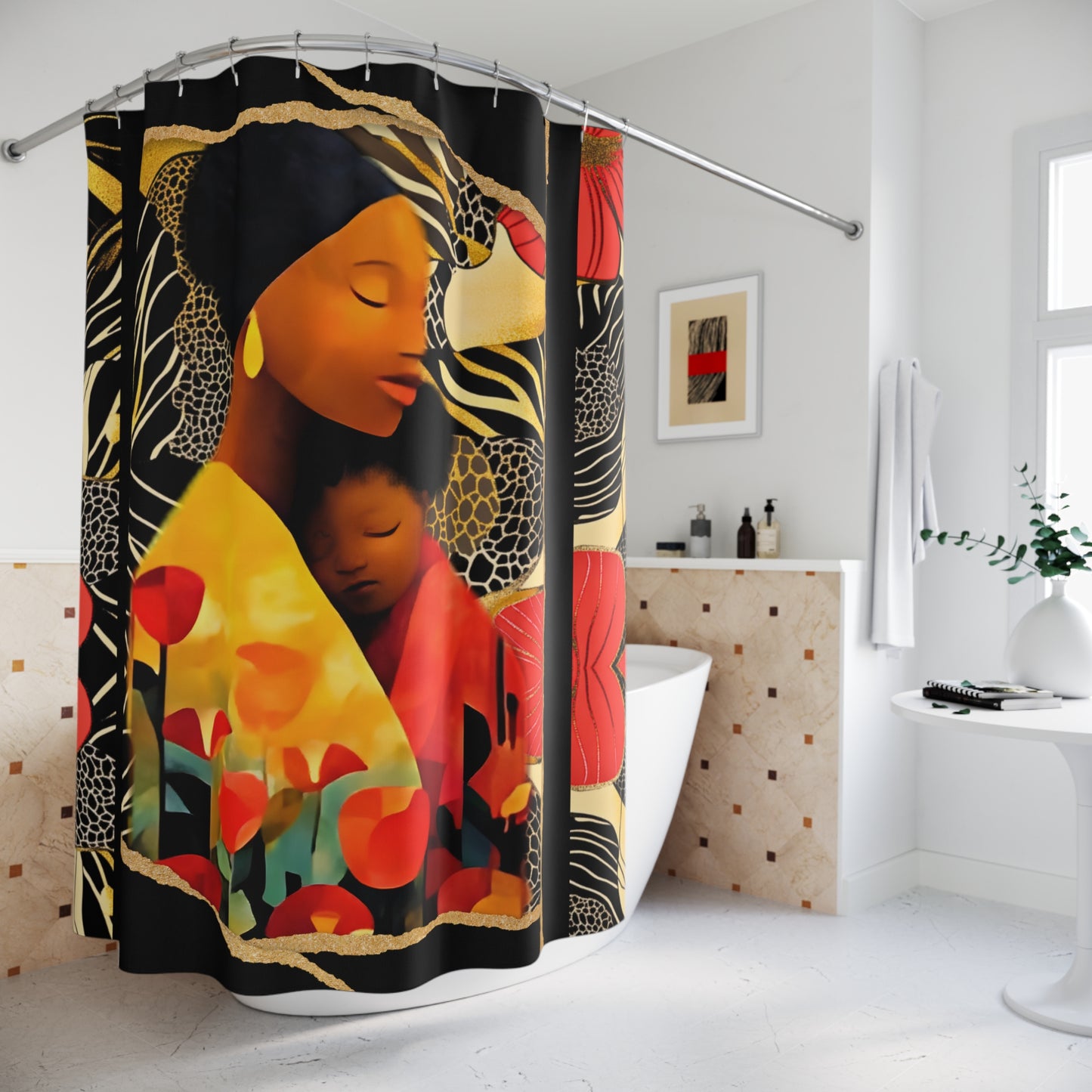 Zebra and Afrocentric Inspired Pattern Mother and Child Shower Curtains, Bathroom Decor, Tribal Design Bath Curtain, Unique Home Decoration,