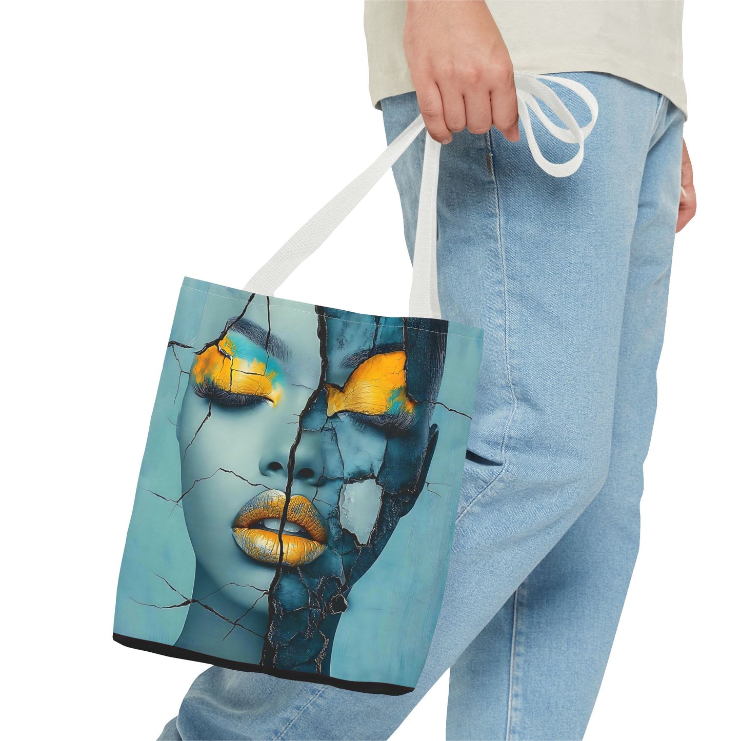Artistic Cracked Face Tote Bag, Trendy Canvas Bag, Unique Gift for Art Lovers, Fashionable Beach Bag, Stylish Shopping Bag, Cool