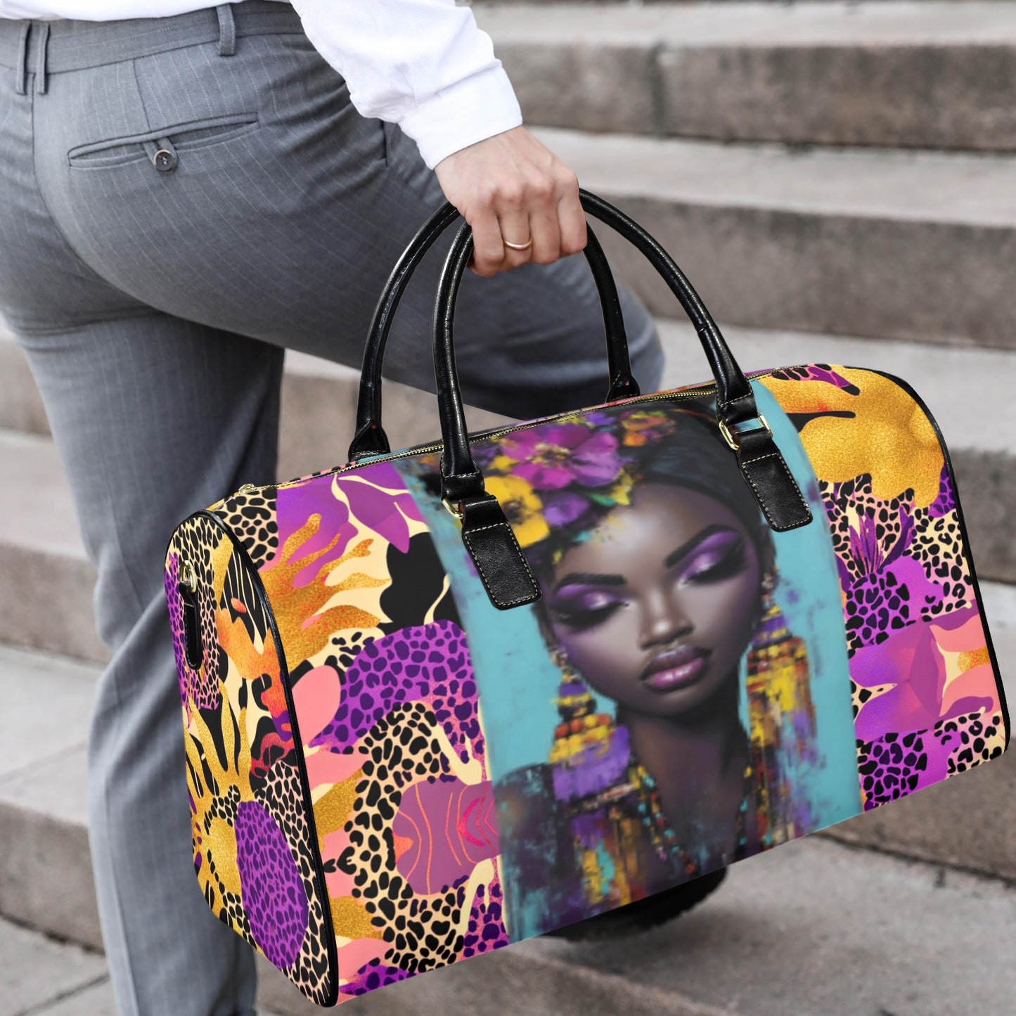 Purple and Gold AfroCentric Travel Bag Leather Travel Bag-Large (Short Patch) (1735)