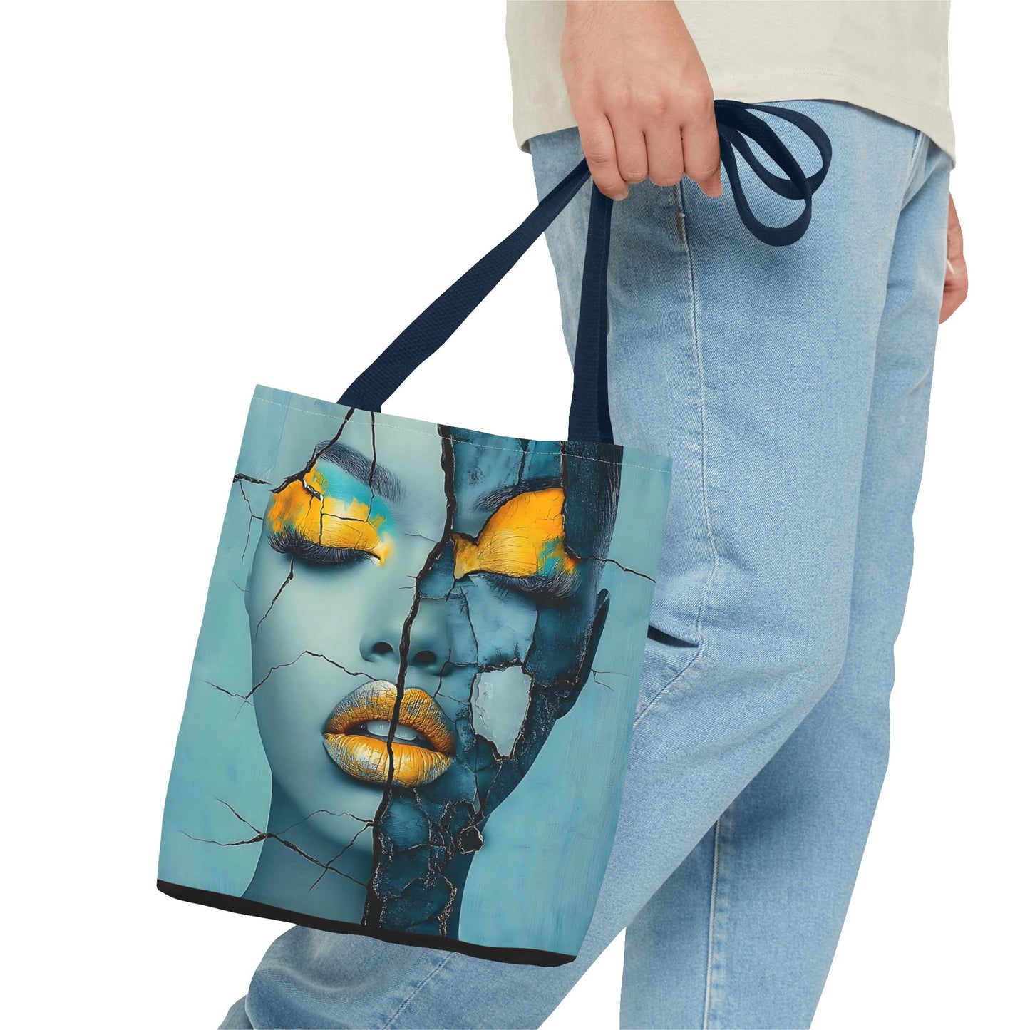 Artistic Cracked Face Tote Bag, Trendy Canvas Bag, Unique Gift for Art Lovers, Fashionable Beach Bag, Stylish Shopping Bag, Cool