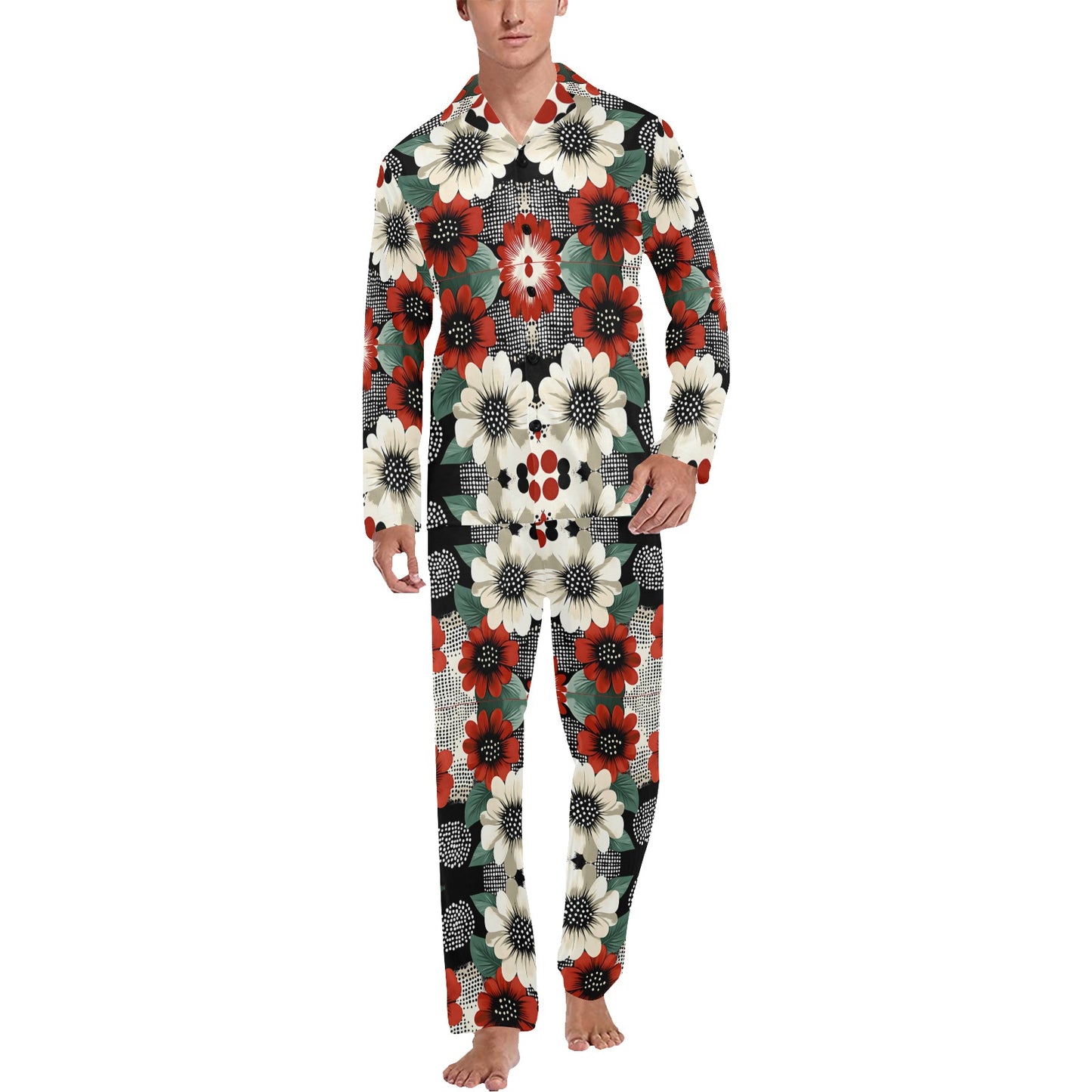 Floral Pattern Men's Pajama Set Men's V-Neck Long Pajama Set