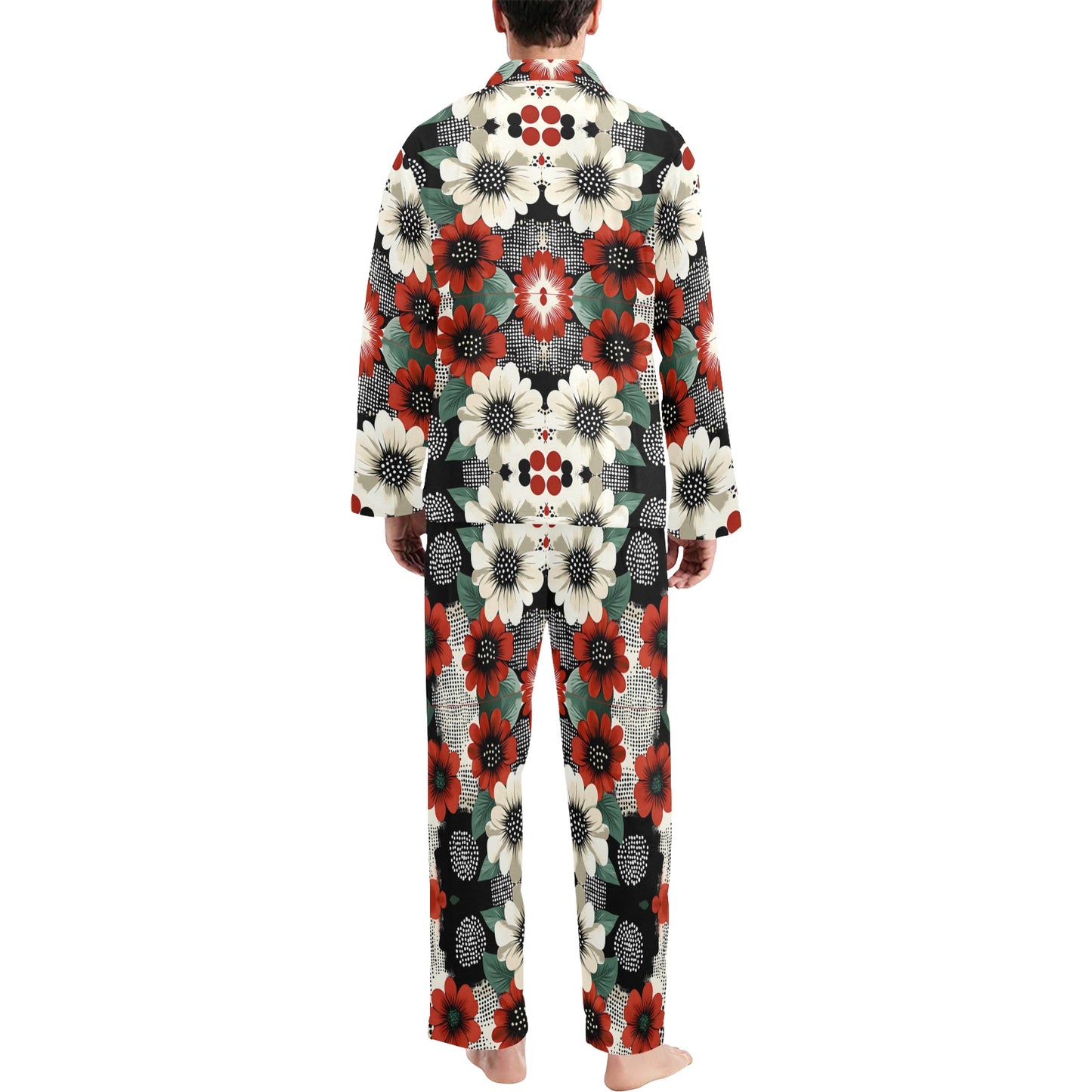 Floral Pattern Men's Pajama Set Men's V-Neck Long Pajama Set