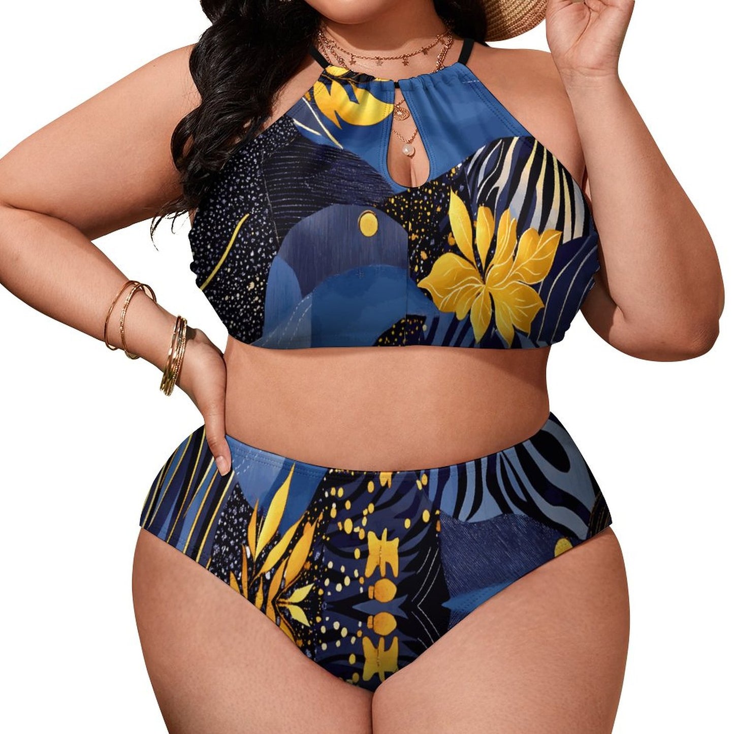 Plus Size Women's Two piece Swimsuit with High Neck Halter Top BK2040 (All-Over Printing)