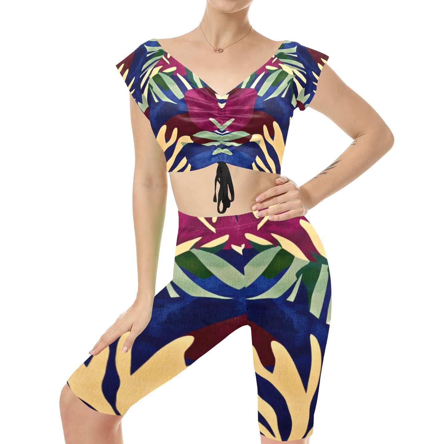 Burgundy and Blue Camo Yoga Set Women's Crop Top Yoga Set