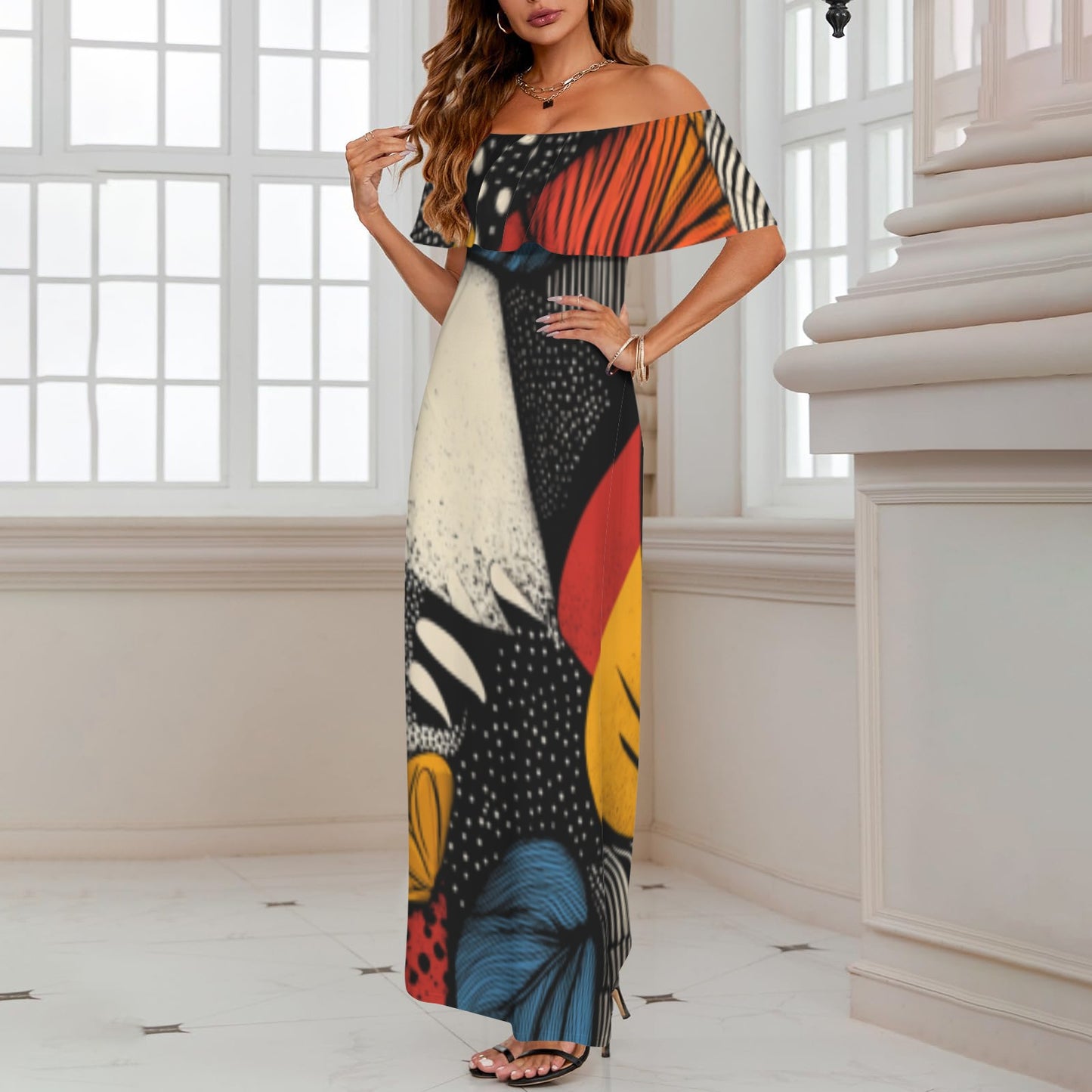 Geometric Pattern Maxi Dress Women's Off Shoulder Ruffle Boat Neck Dress (Model D71)