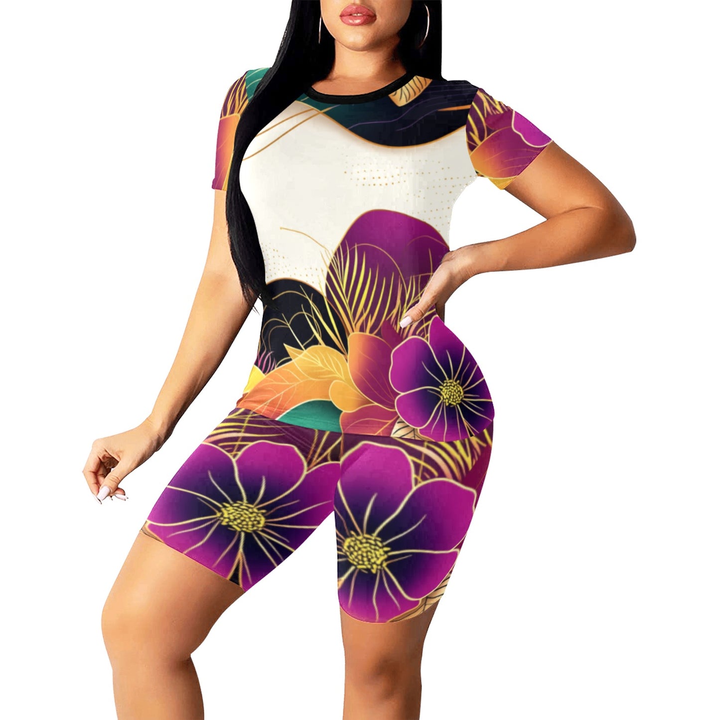 Flowers Abstract Ankara Inspired Golden Waves Yoga Set Women's Short Yoga Set
