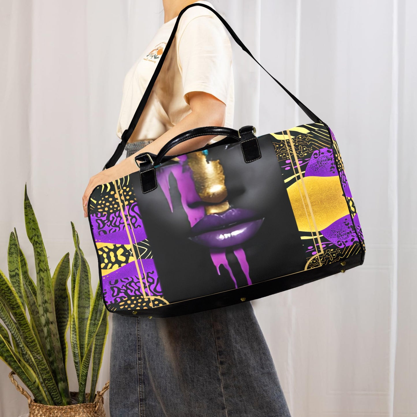 Purple and Gold AfroCentric Travel Bag Large Capacity Travel Bag-Large (Black Short Patch) (1737)