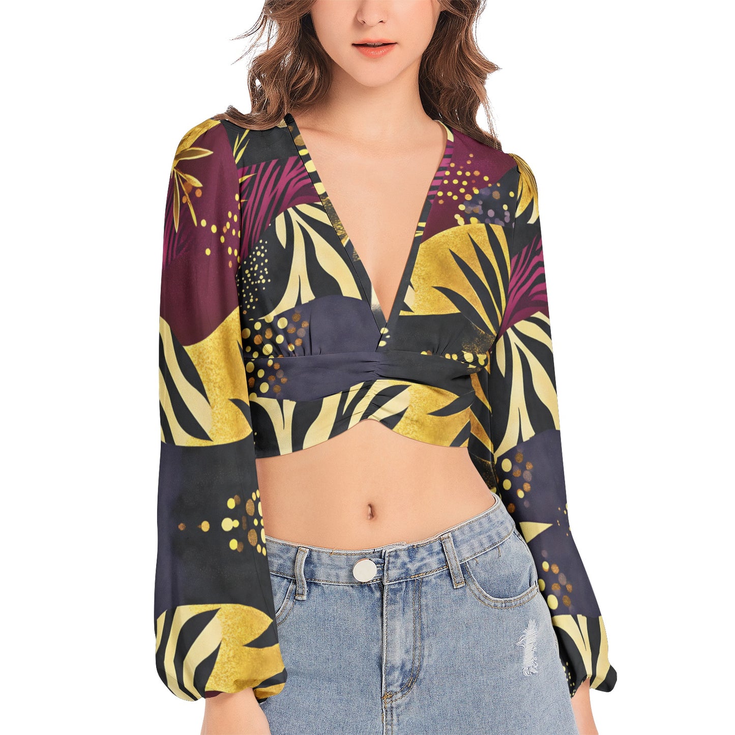 Women's Deep V-Neck Lantern Sleeve Crop Top