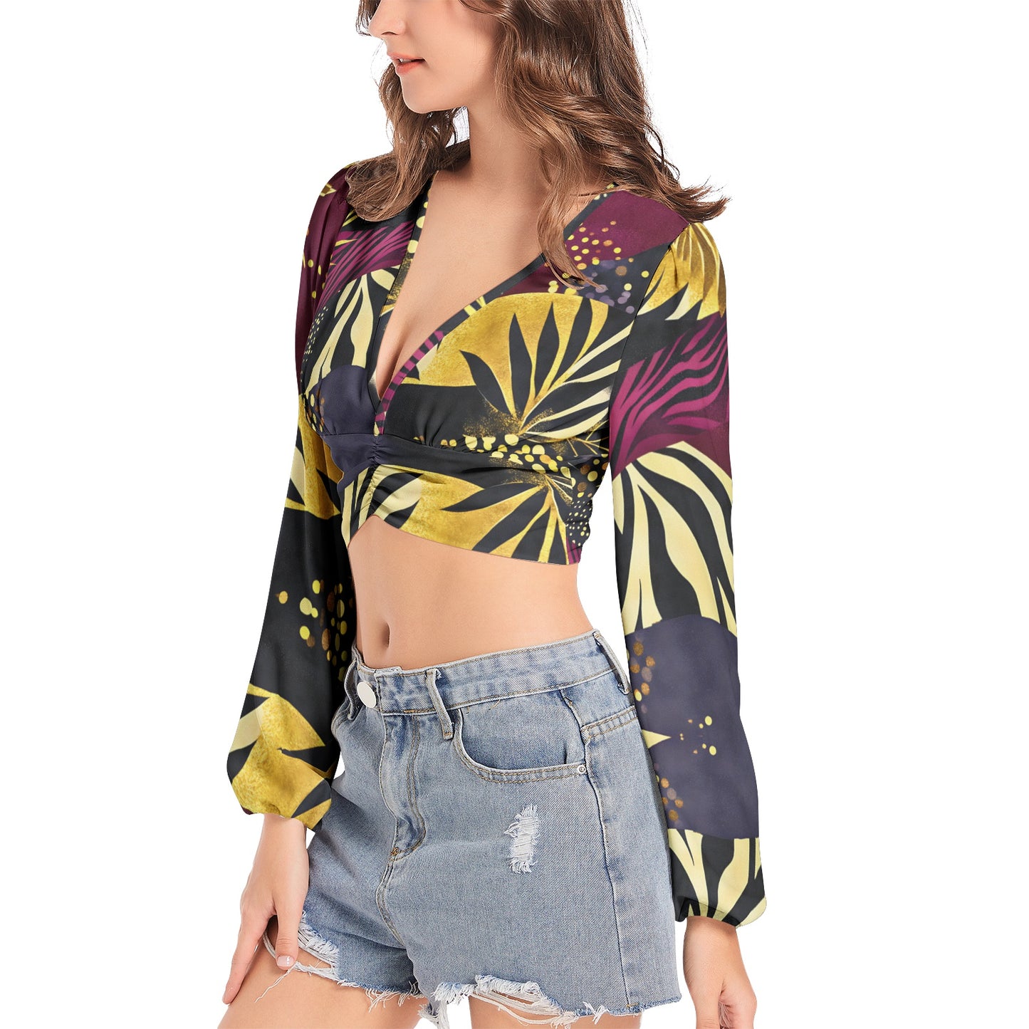 Women's Deep V-Neck Lantern Sleeve Crop Top