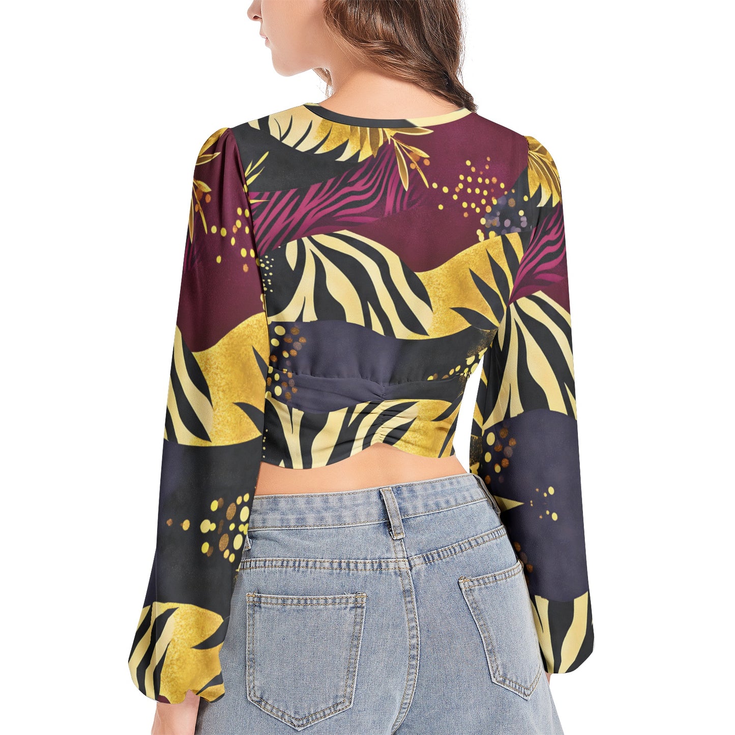 Women's Deep V-Neck Lantern Sleeve Crop Top