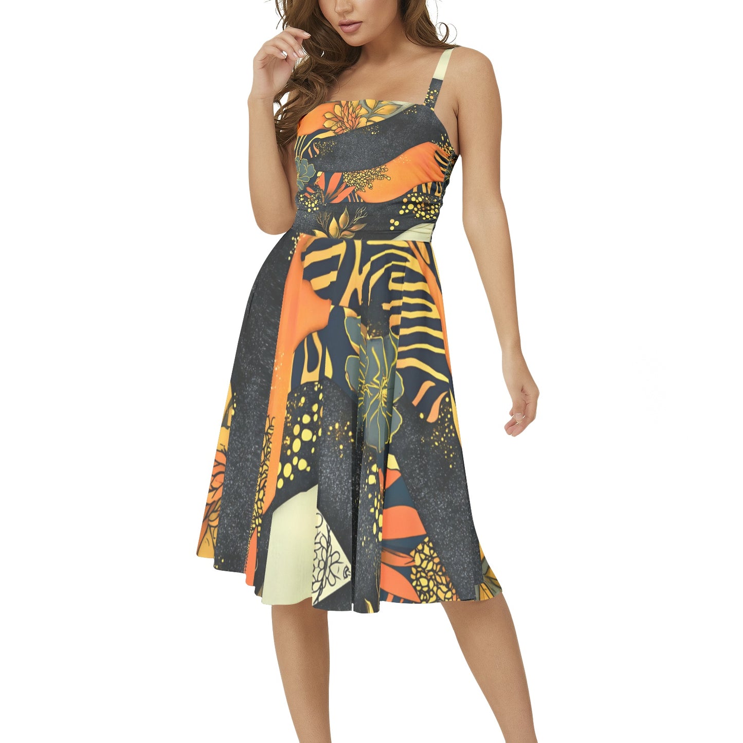 Sleeveless Square Neck Flare Hem Midi Dress