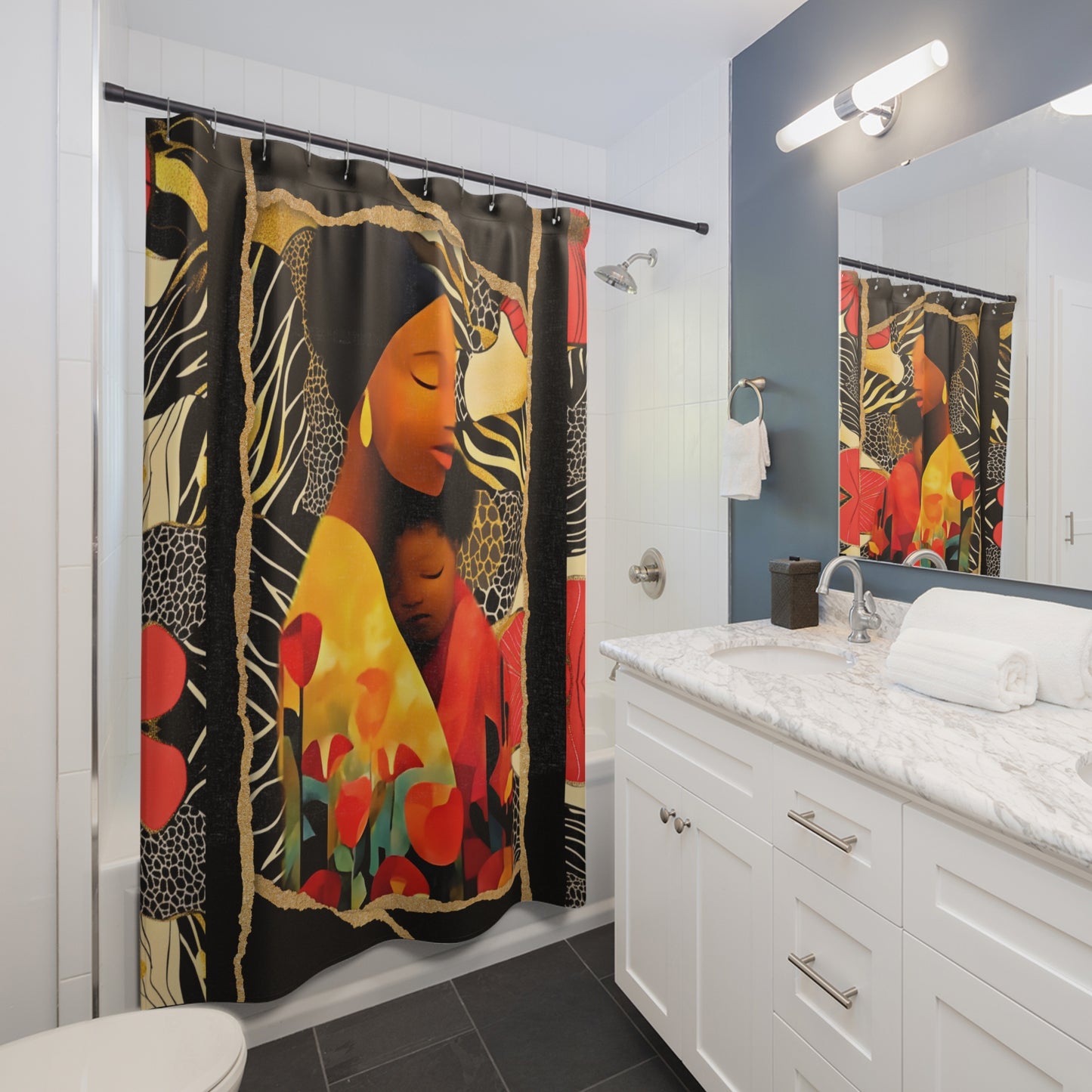 Zebra and Afrocentric Inspired Pattern Mother and Child Shower Curtains, Bathroom Decor, Tribal Design Bath Curtain, Unique Home Decoration,