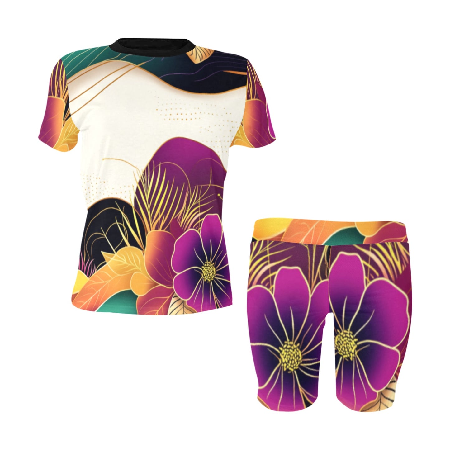 Flowers Abstract Ankara Inspired Golden Waves Yoga Set Women's Short Yoga Set