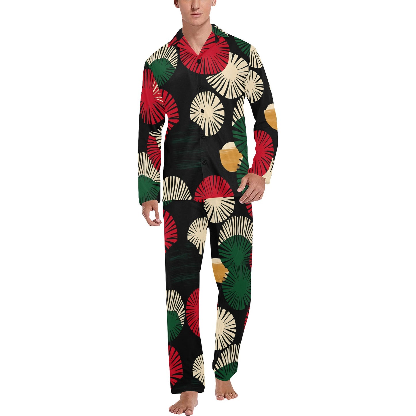 Circle Pattern Men's Pajama Set Men's V-Neck Long Pajama Set