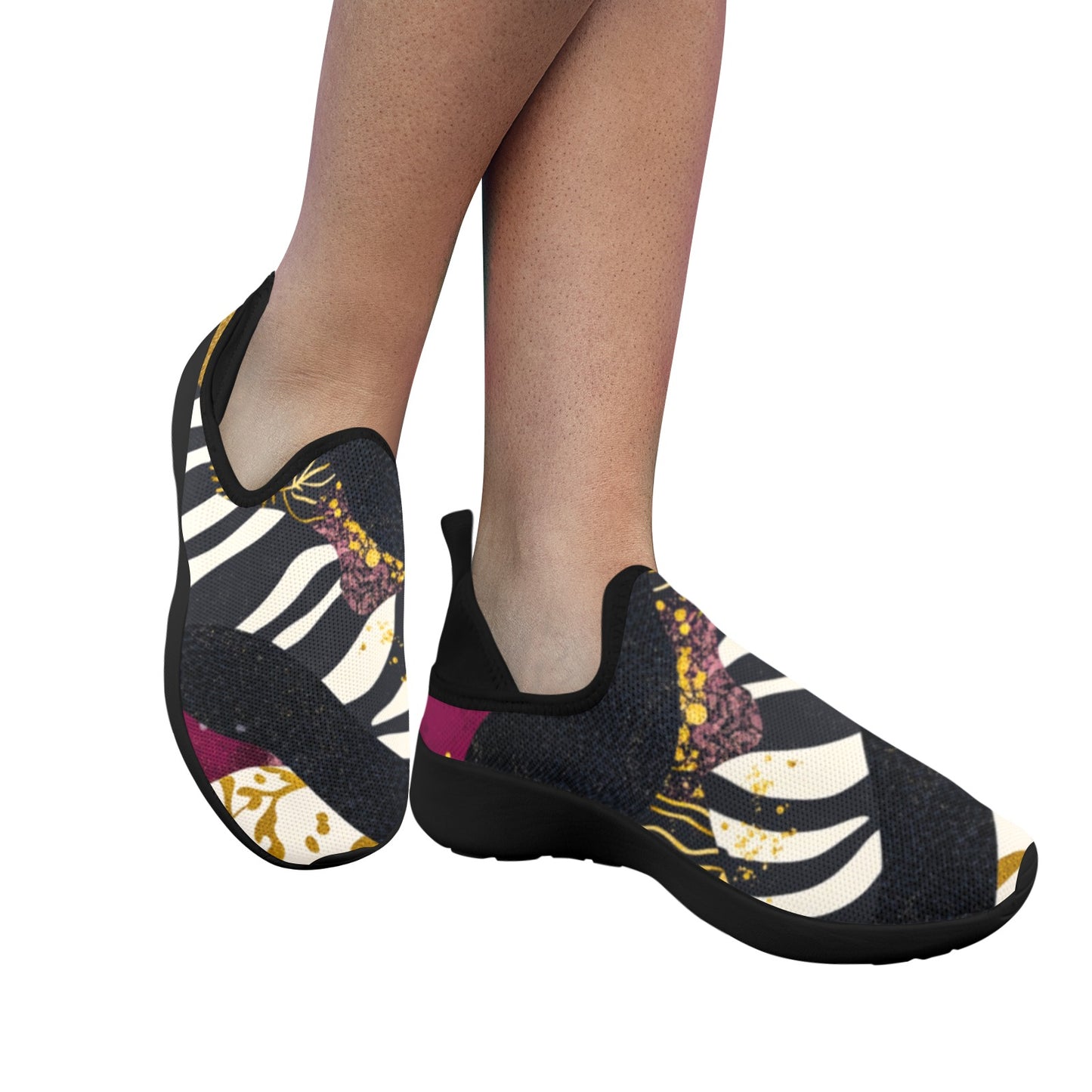 Golden Zebra Burgundy Camo Pattern Women's Fly Weave Drop-In Heel Sneakers Fly Weave Drop-in Heel Sneakers for Women (Model 02002)