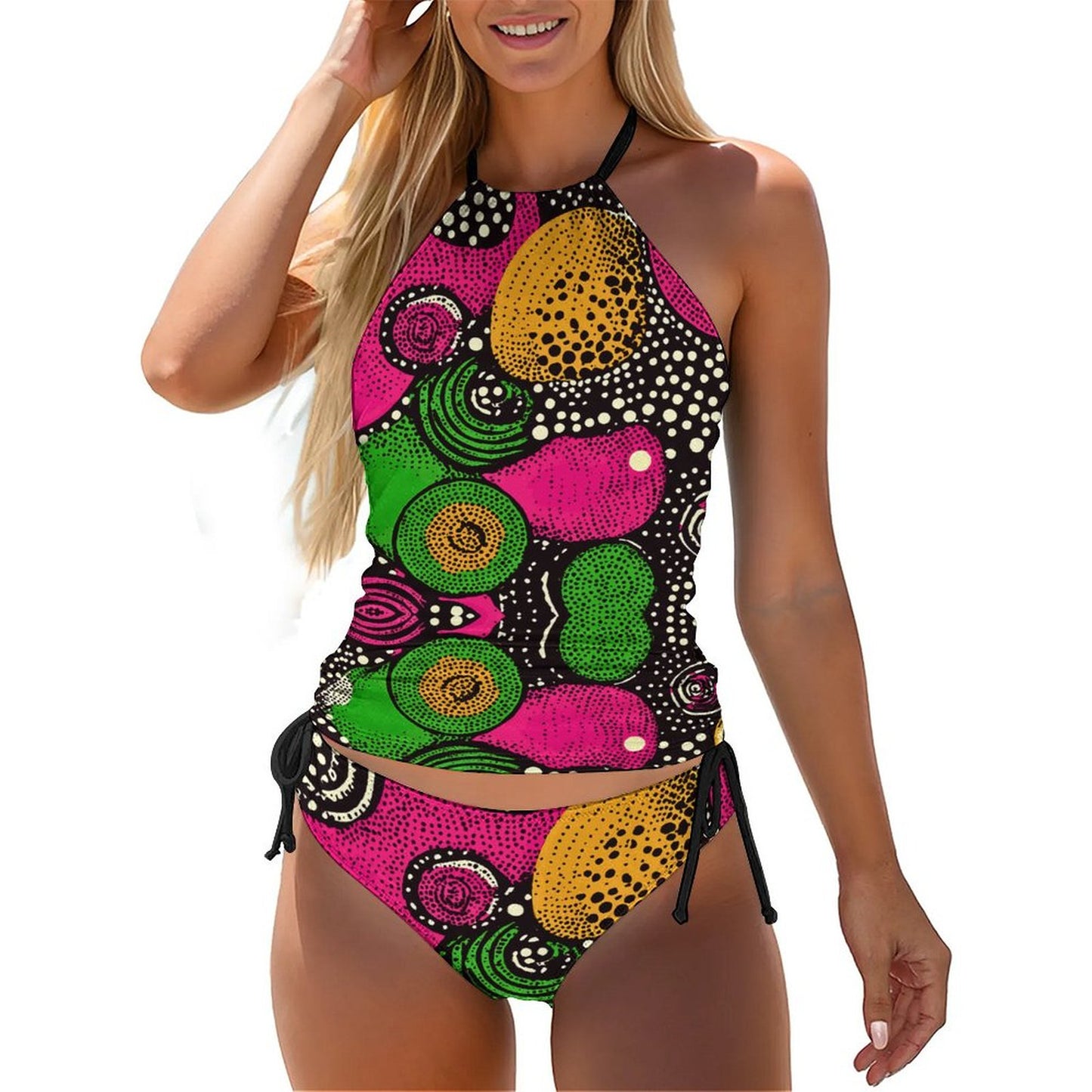 Abstract 2-Piece Women's Tankini Set with High Neck Halter Top F145kA01 (All-Over Printing)