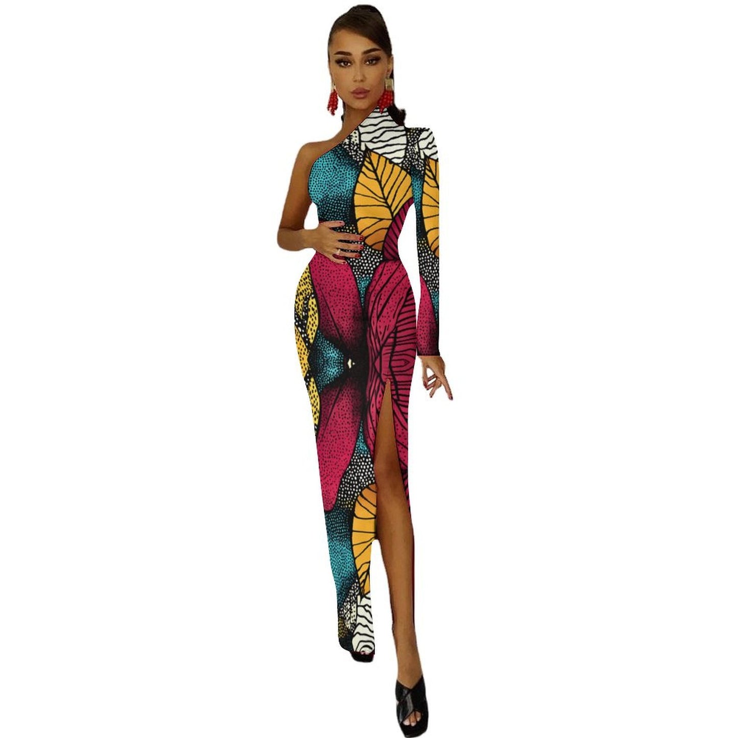Half sleeve split dress One-Shoulder Slit Maxi Dress