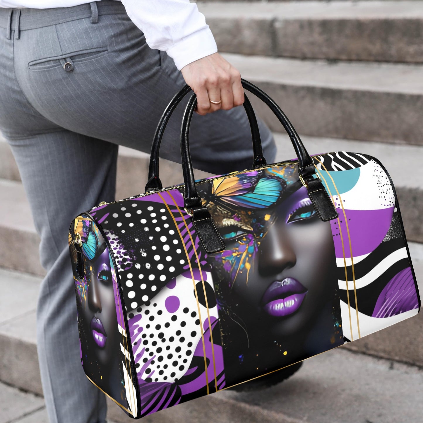 Purple and Gold AfroCentric Travel Bag Leather Travel Bag-Large (Short Patch) (1735)