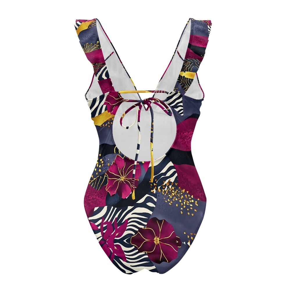 Women's Ruffled Lace Up One-Piece Swimsuit