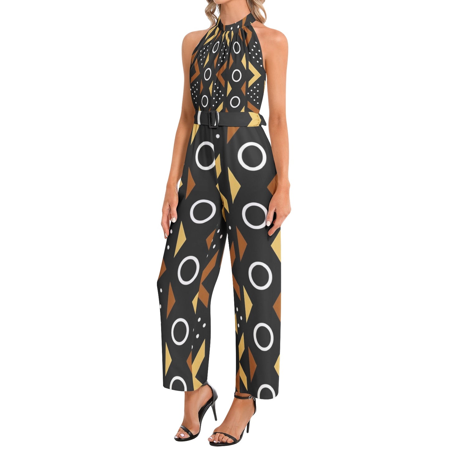 Afrocentric Halter Neck Buckle Belted Jumpsuit