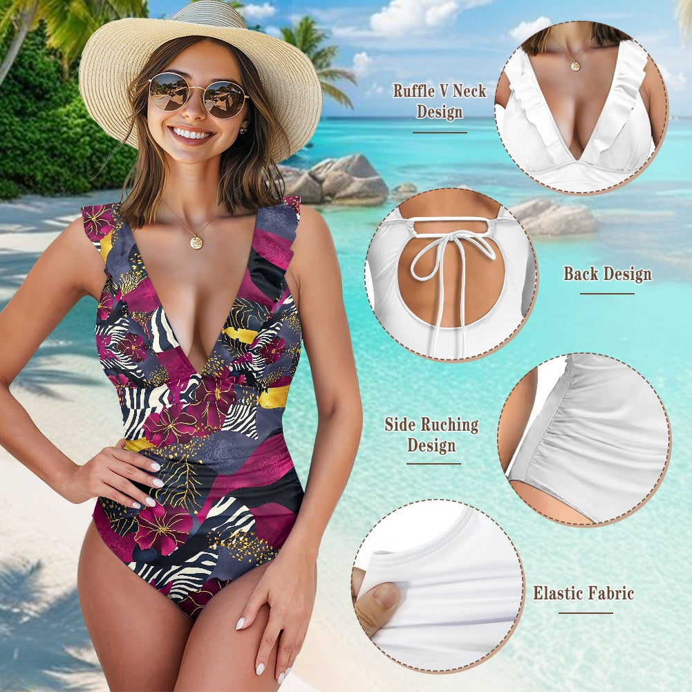 Women's Ruffled Lace Up One-Piece Swimsuit