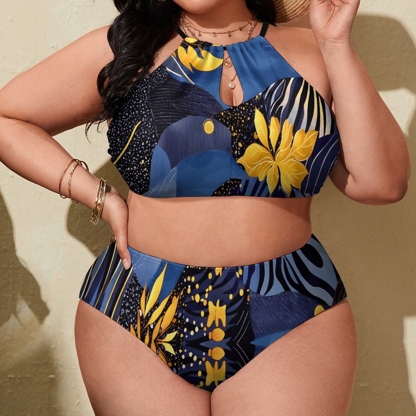 Plus Size Women's Two piece Swimsuit with High Neck Halter Top BK2040 (All-Over Printing)