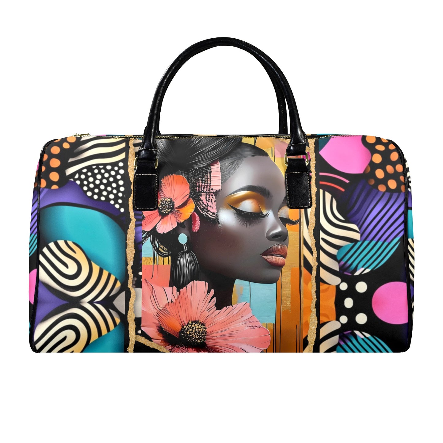 Floral and Peach AfroCentric Travel Bag Leather Travel Bag-Large (Short Patch) (1735)