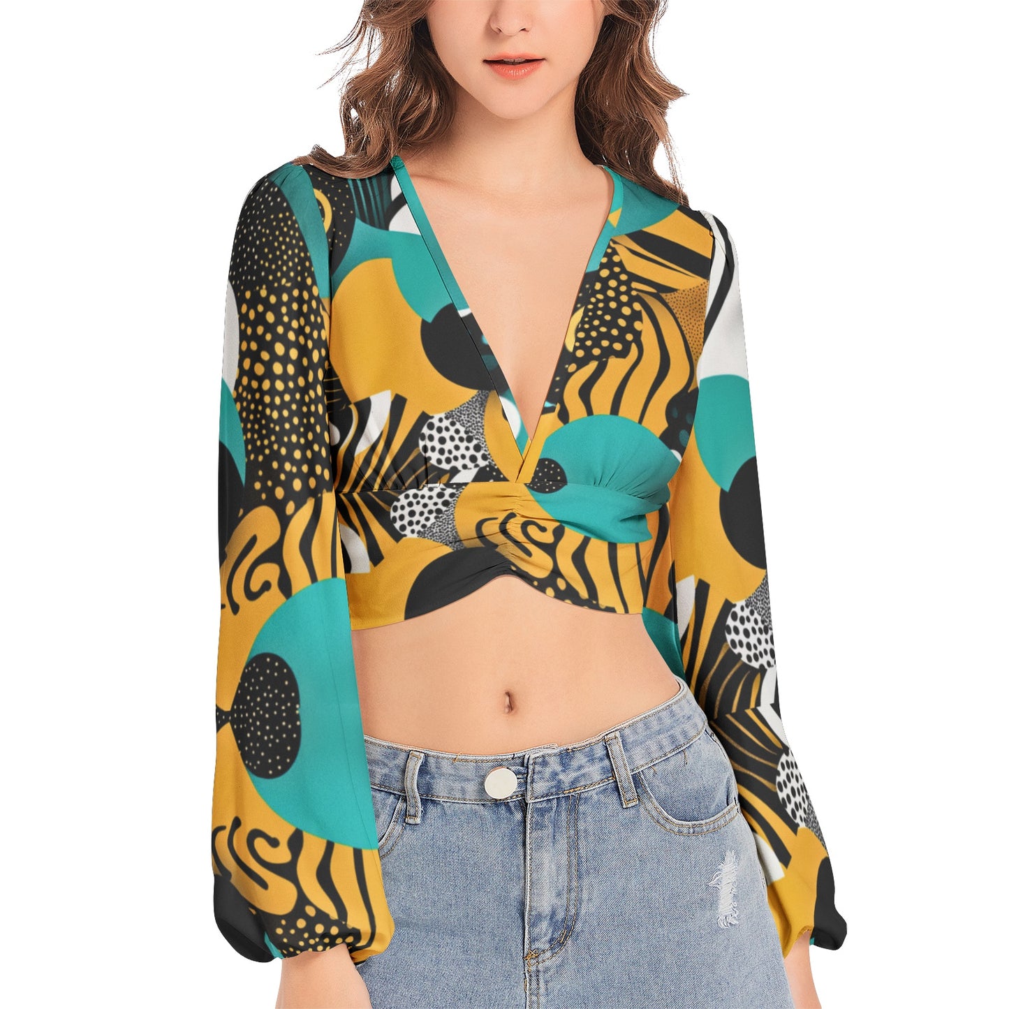 Women's Deep V-Neck Lantern Sleeve Crop Top
