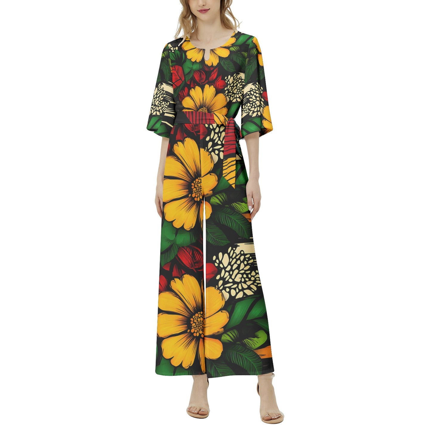 Floral and Geometric Pattern Dolman Sleeve Belted Wide Leg Jumpsuit