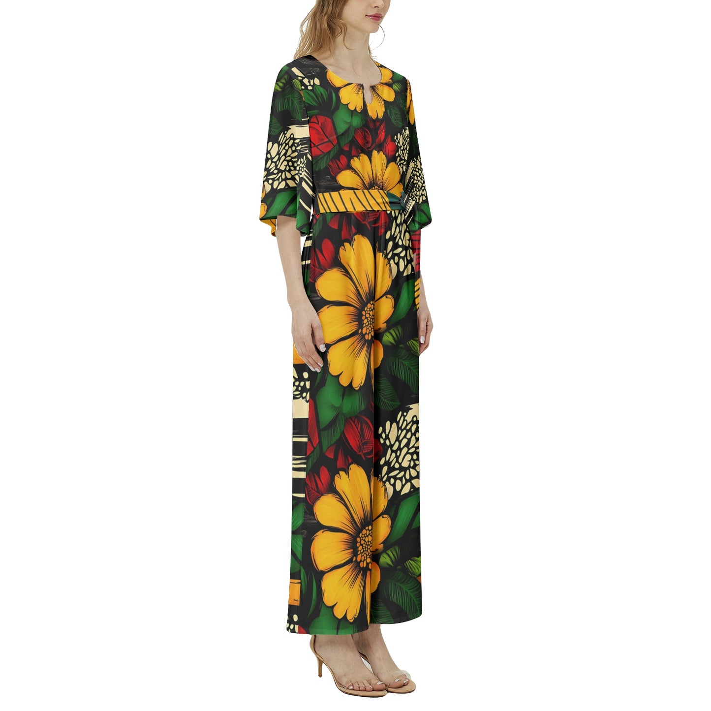 Floral and Geometric Pattern Dolman Sleeve Belted Wide Leg Jumpsuit
