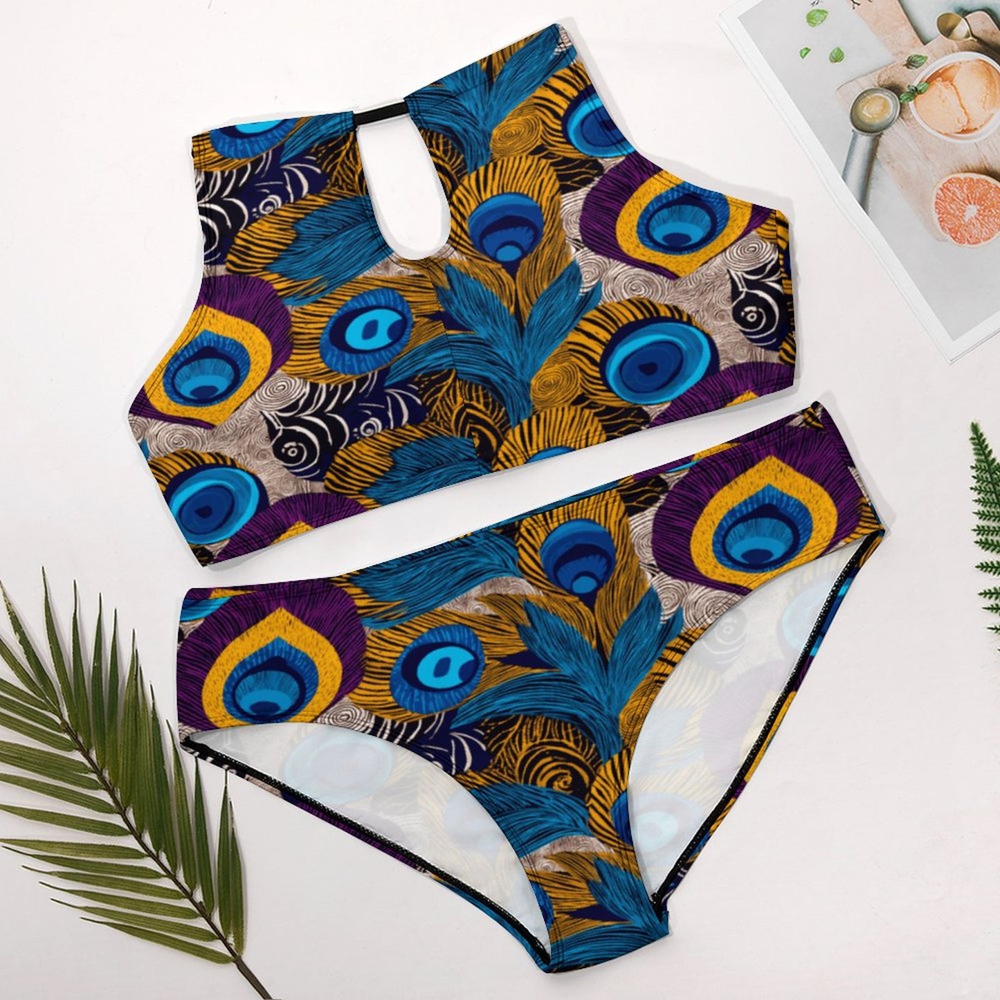 Plus Size Women's Two piece Swimsuit with High Neck Halter Top BK2040 (All-Over Printing)