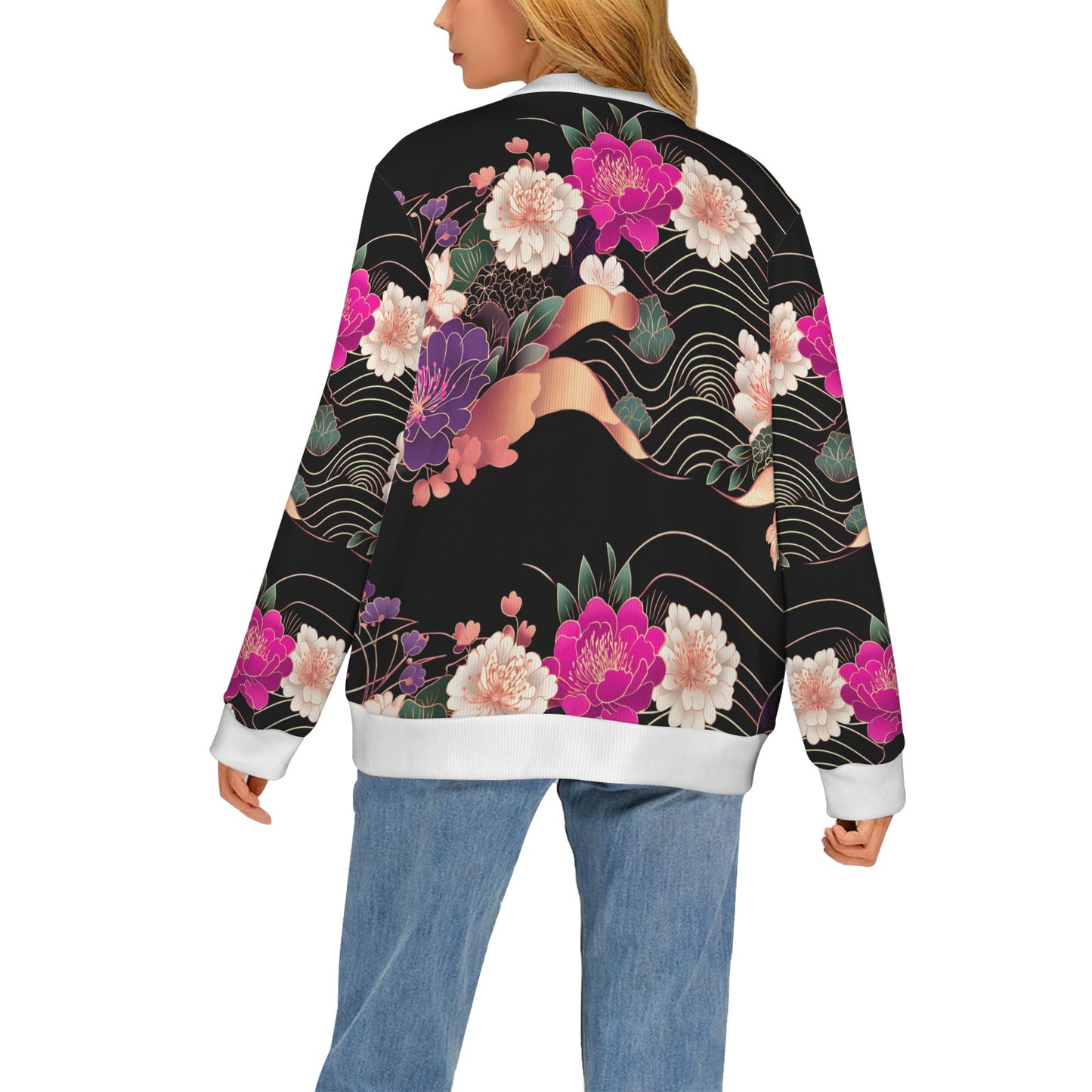 Floral Pattern Cardigan Women's Ribbed Cardigan (Model H73)