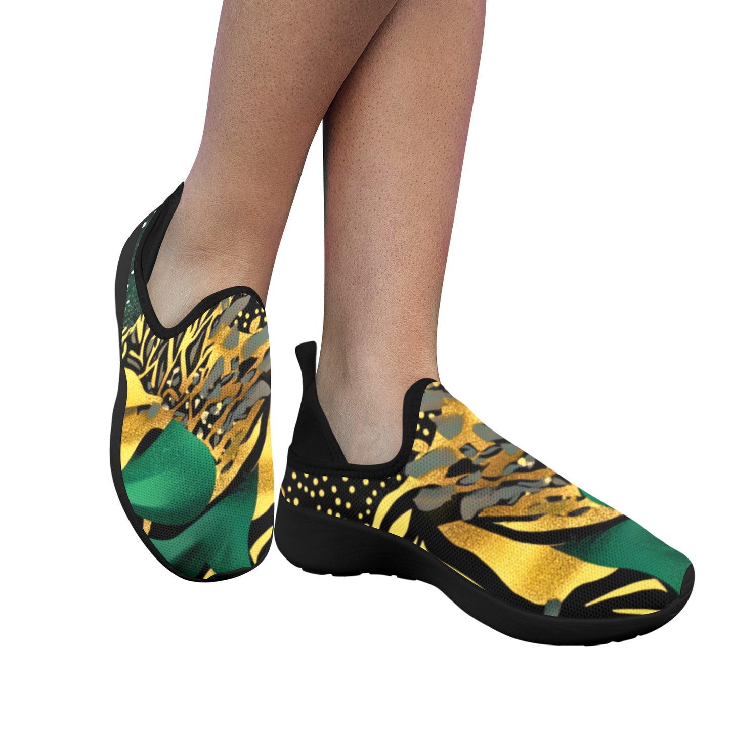 Golden Zebra Green Camo Pattern Women's Fly Weave Drop-In Heel Sneakers Fly Weave Drop-in Heel Sneakers for Women (Model 02002)