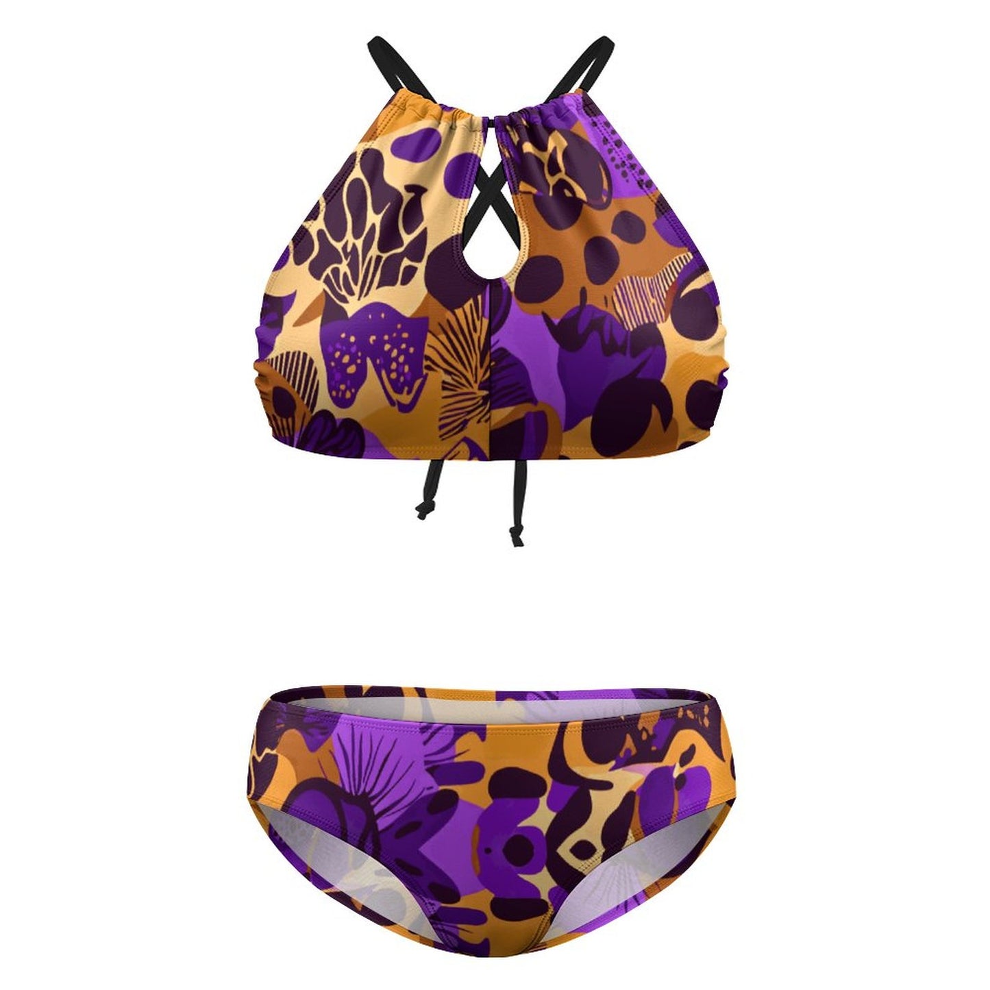 Plus Size Women's Two piece Swimsuit with High Neck Halter Top BK2040 (All-Over Printing)
