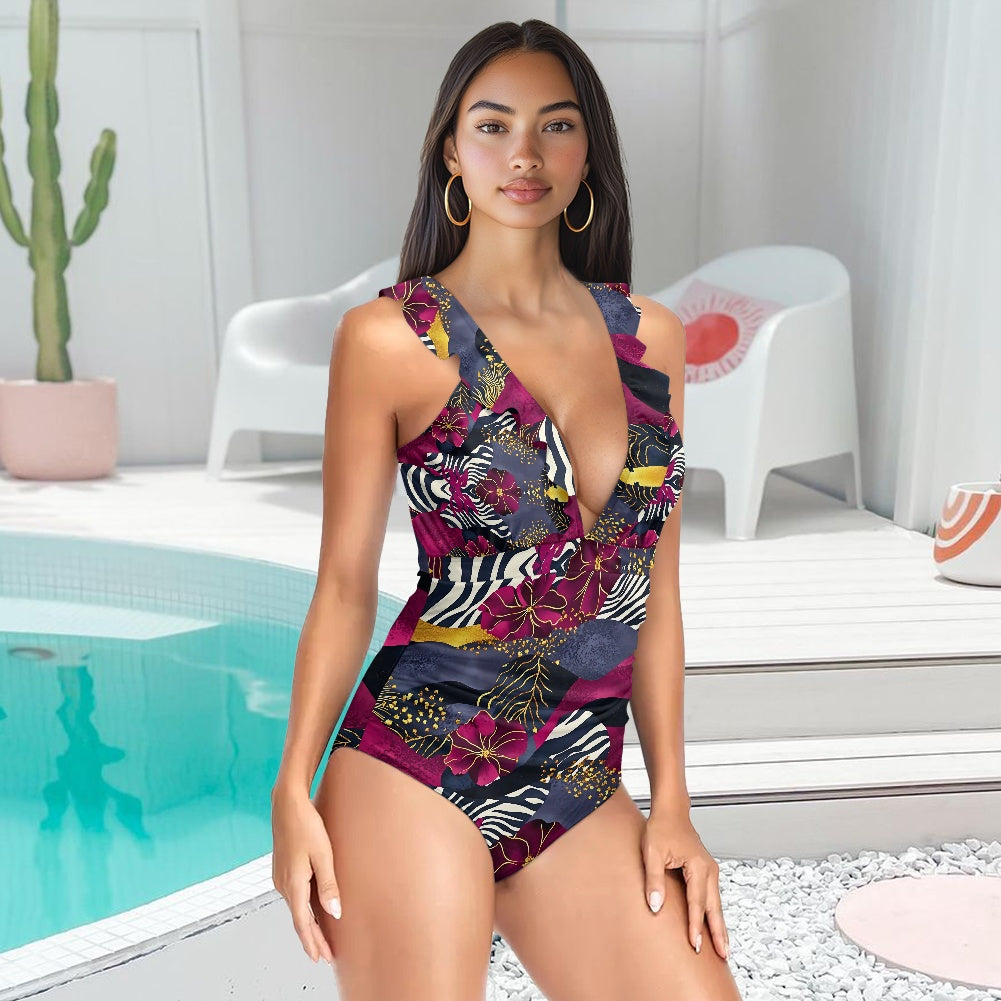 Women's Ruffled Lace Up One-Piece Swimsuit