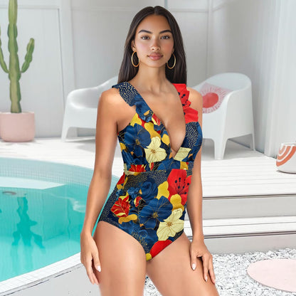 Women's Ruffled Lace Up One-Piece Swimsuit