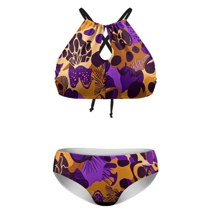 Plus Size Women's Two piece Swimsuit with High Neck Halter Top BK2040 (All-Over Printing)