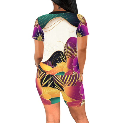 Flowers Abstract Ankara Inspired Golden  Waves Yoga Set Women's Short Yoga Set