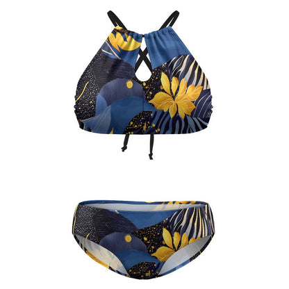 Plus Size Women's Two piece Swimsuit with High Neck Halter Top BK2040 (All-Over Printing)