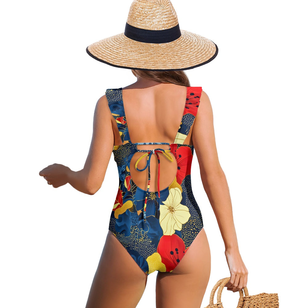 Women's Ruffled Lace Up One-Piece Swimsuit