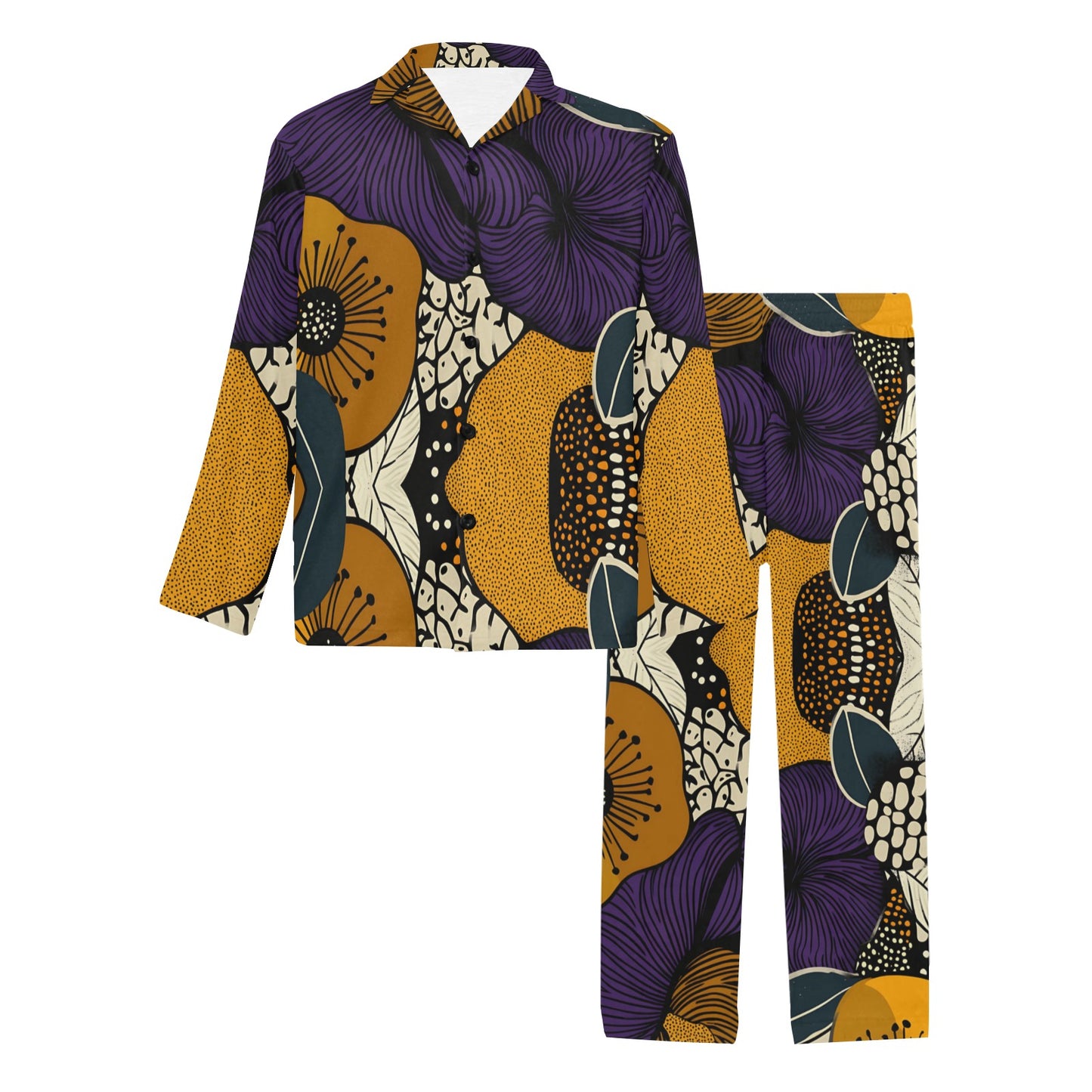 Geometric and Floral Pattern Men's Pajama Set Men's V-Neck Long Pajama Set