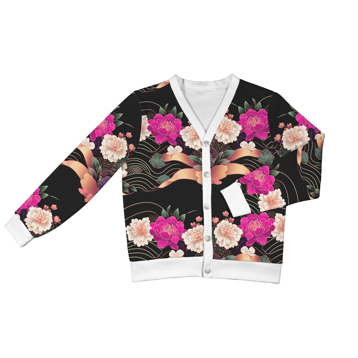 Floral Pattern Cardigan Women's Ribbed Cardigan (Model H73)