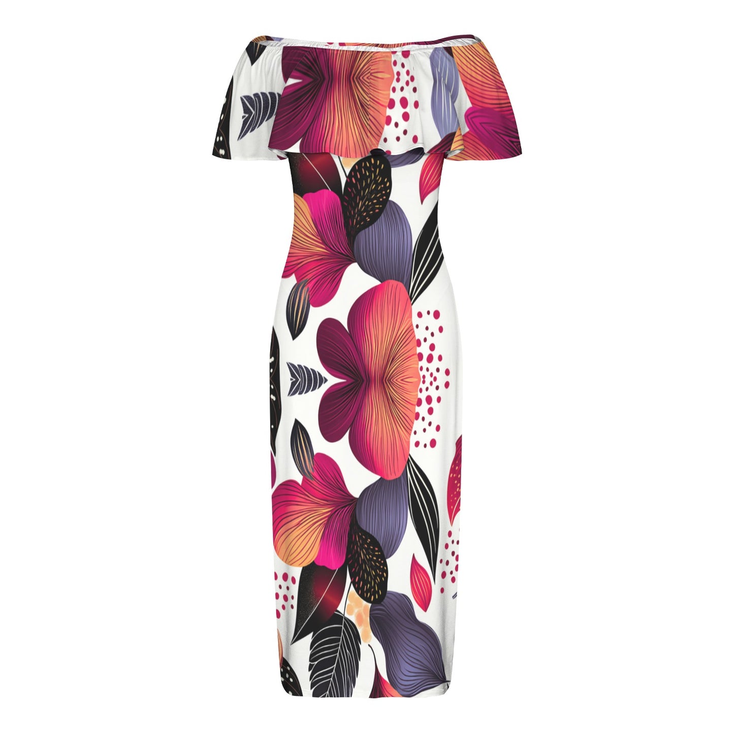 Floral Pattern Off The Shoulder Maxi-Dress Women's Off Shoulder Ruffle Boat Neck Dress (Model D71)