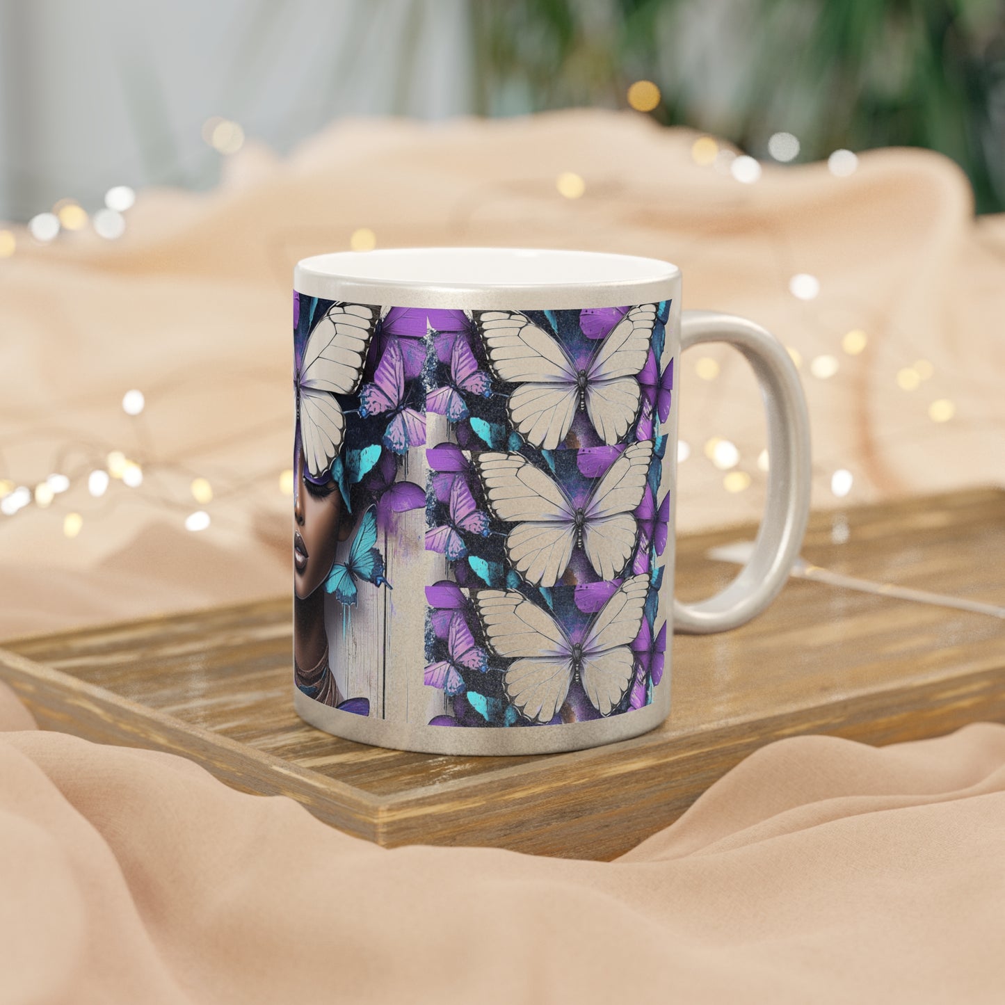 Butterfly Beauty Metallic Mug, African Art Mug, Silver
old Mug, Gift for Her,