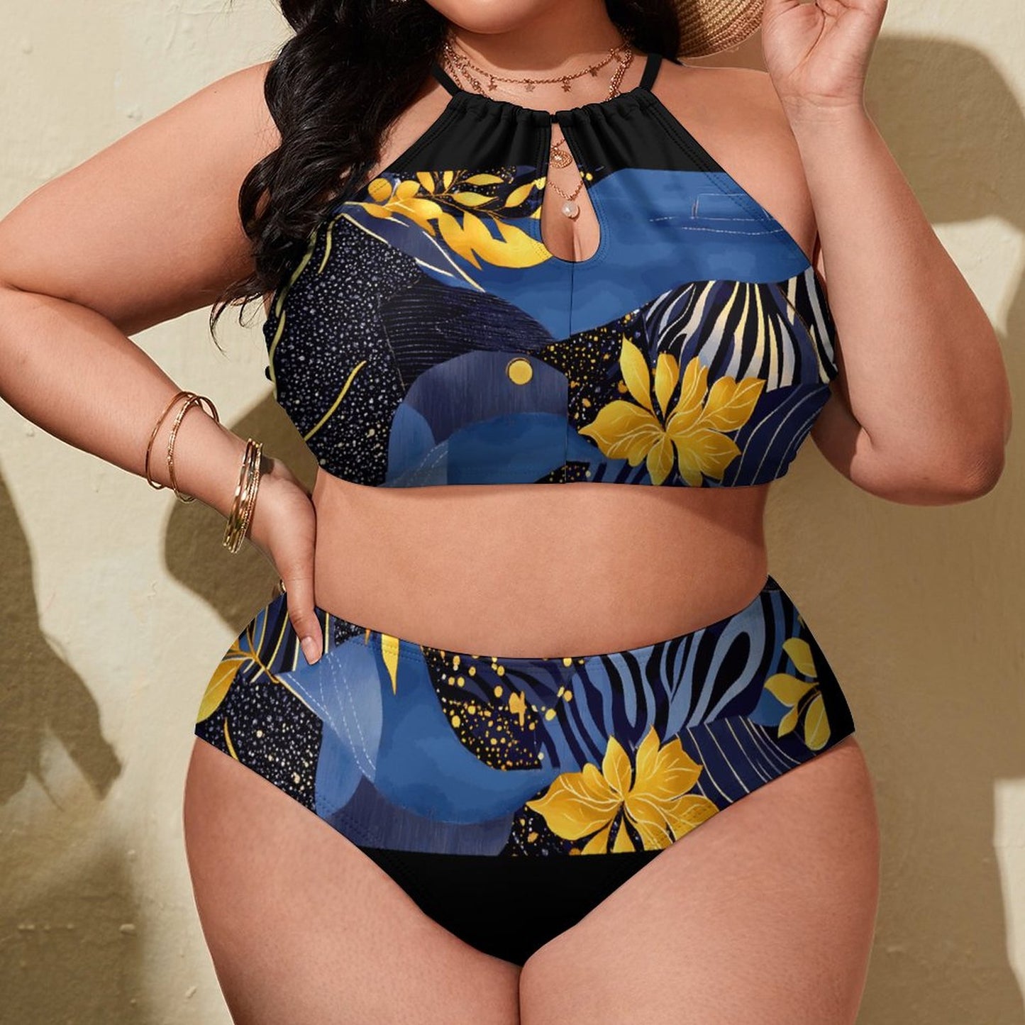 Plus Size Women's Two piece Swimsuit with High Neck Halter Top BK2040 (All-Over Printing)
