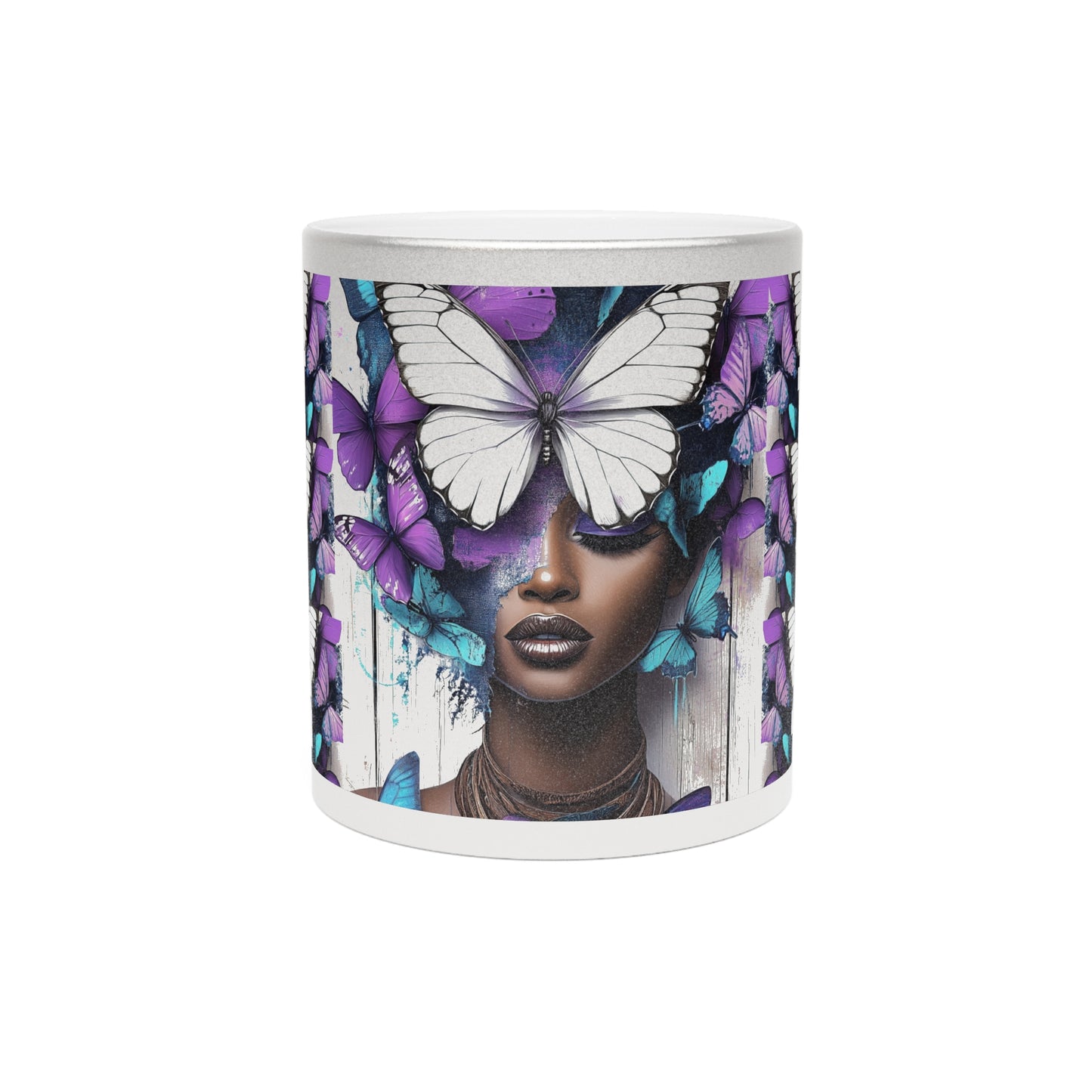 Butterfly Beauty Metallic Mug, African Art Mug, Silver
old Mug, Gift for Her,
