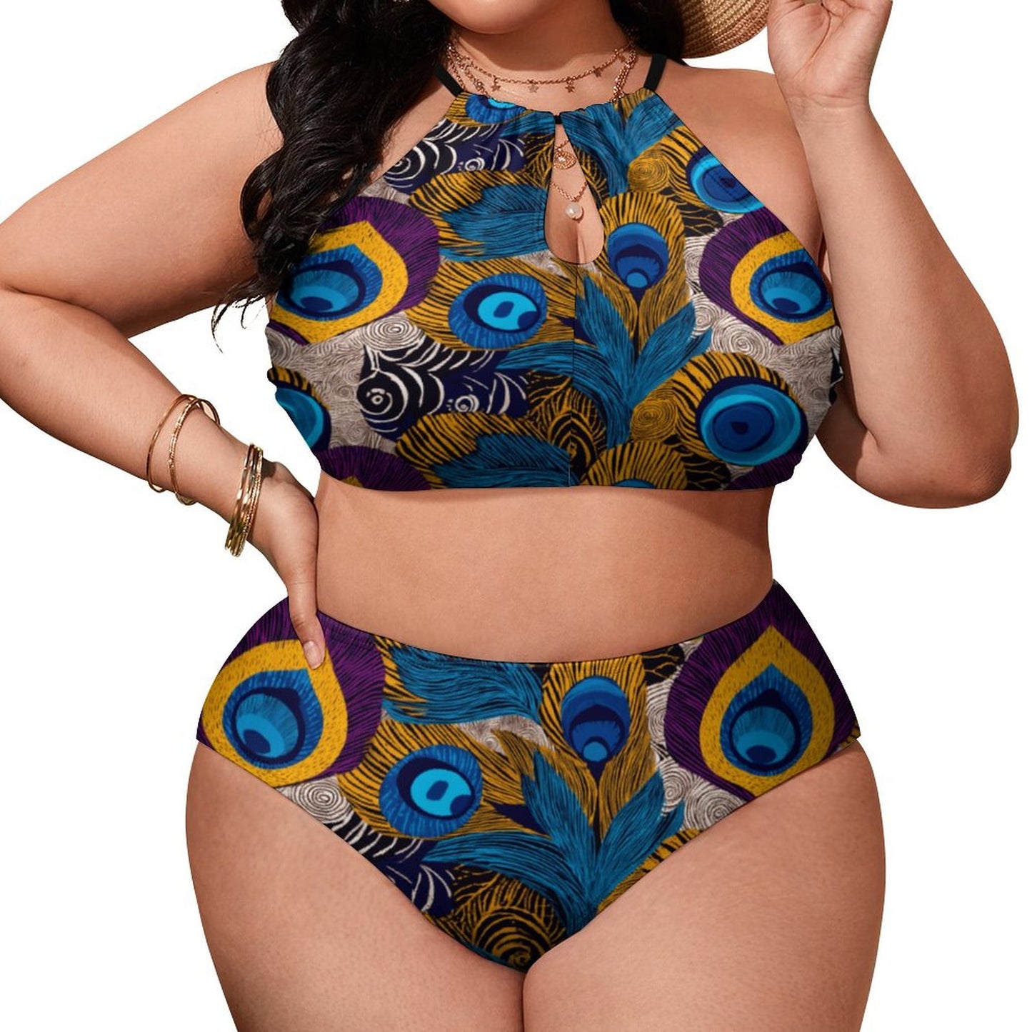 Plus Size Women's Two piece Swimsuit with High Neck Halter Top BK2040 (All-Over Printing)